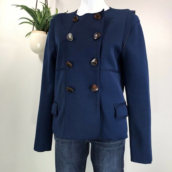 Lela Rose Blue Ponte Knit Double Breasted‎ Blazer Jacket Raw Reverse Seam Size L - Picture 1 of 10